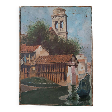 Tableau huile sur toile, vue ancienne de la ville, fin 19ème siècle
