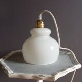 White opaline pendant lamp, linen cord