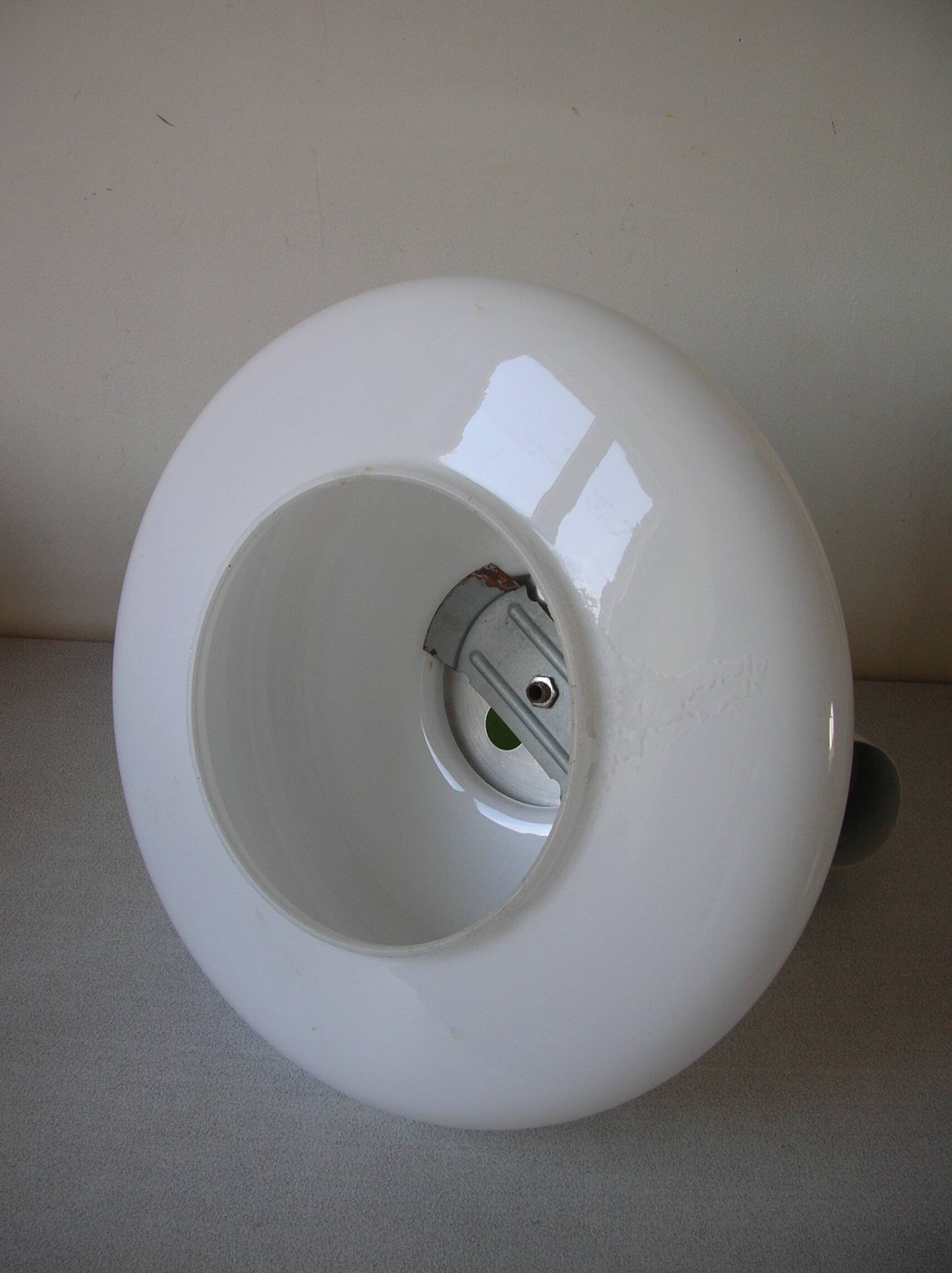 Old globe pendant light with apple green and white glass shade, 80's design 59 cm