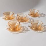 Vintage 1950s glass coffee cups, set of 5, iridescent peach ribbed glass with saucers, Italian design Gondolo.