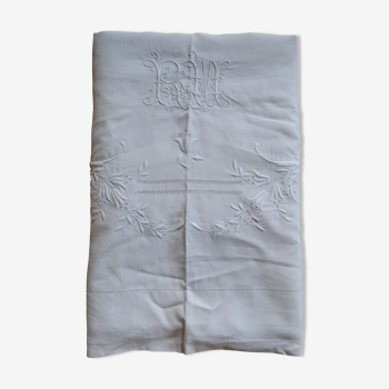Linen old flat sheet with back embroidered Monogram "RM".