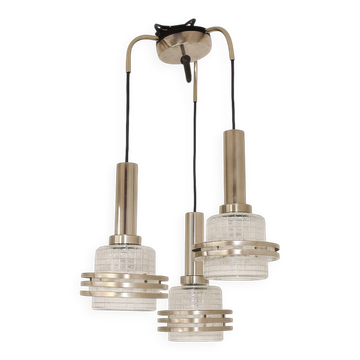 Suspension moderne, années 1970, métal et verre, 3 x E27