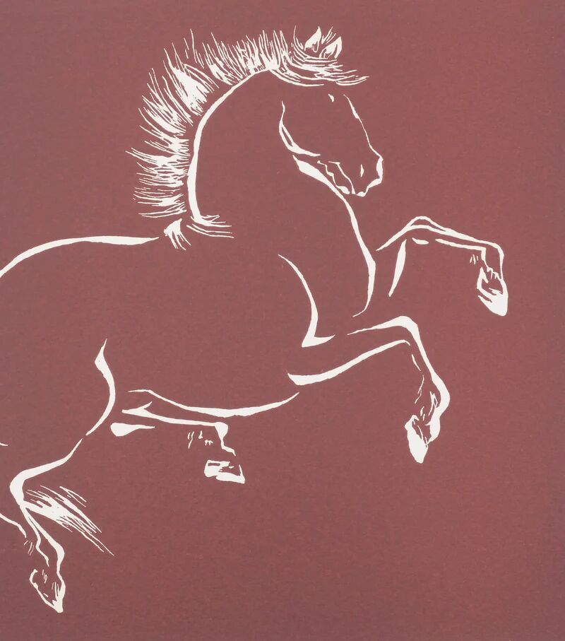 Mokuchu Urushibara : Estampe japonaise, cheval cabré (rouge), gravure sur bois signée