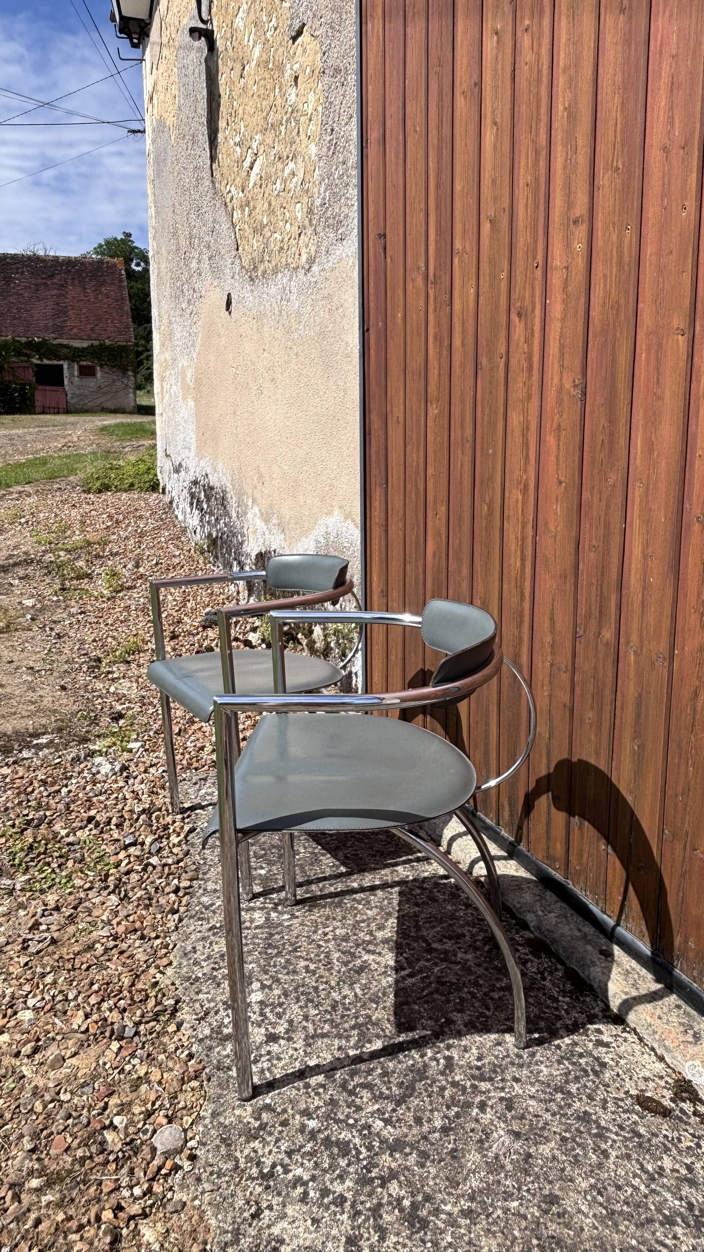 Pair of vintage chrome & grey faux leather armchairs – 1970s design