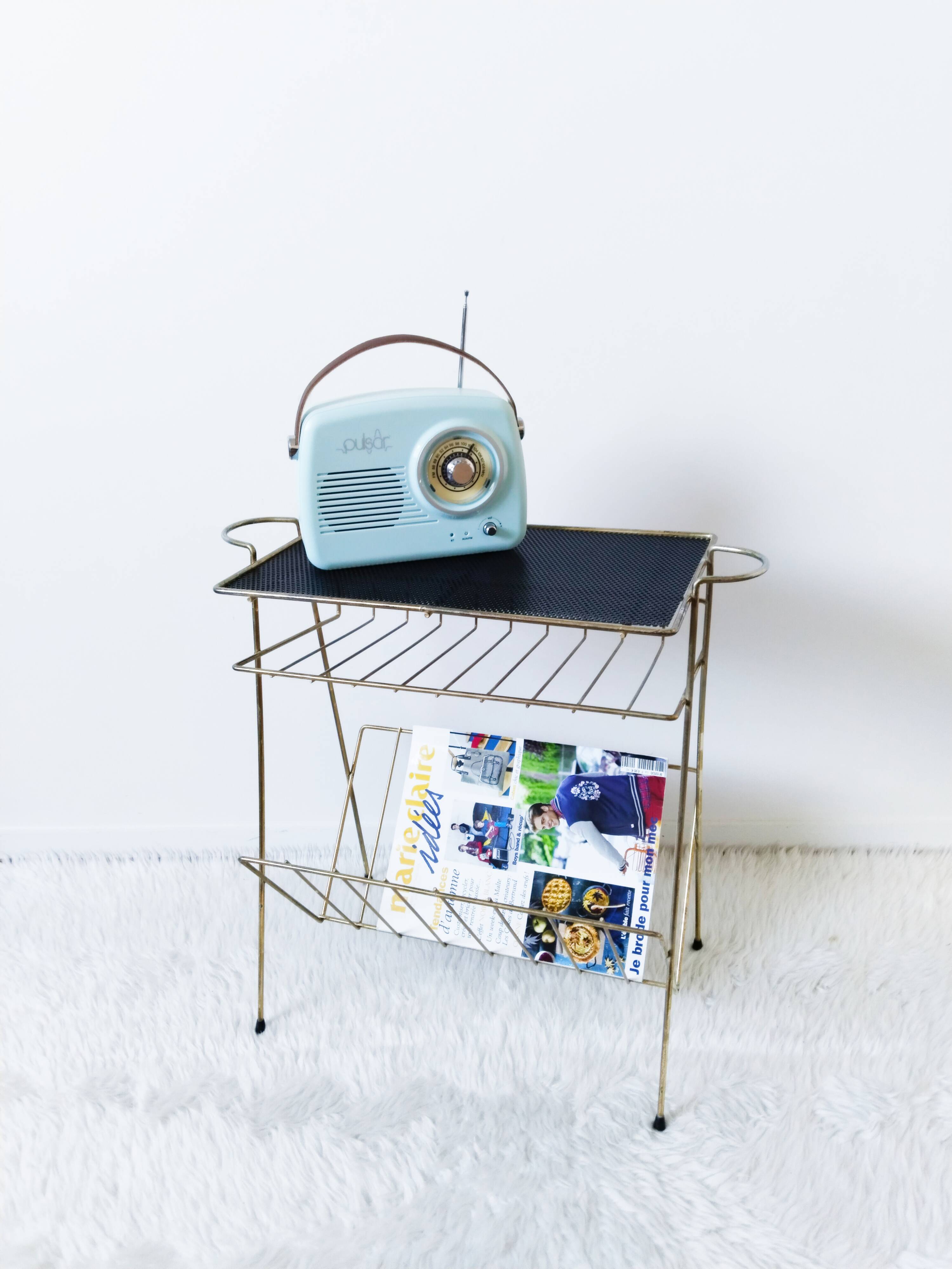 Vinyl record table, record player, magazine rack, 1950s