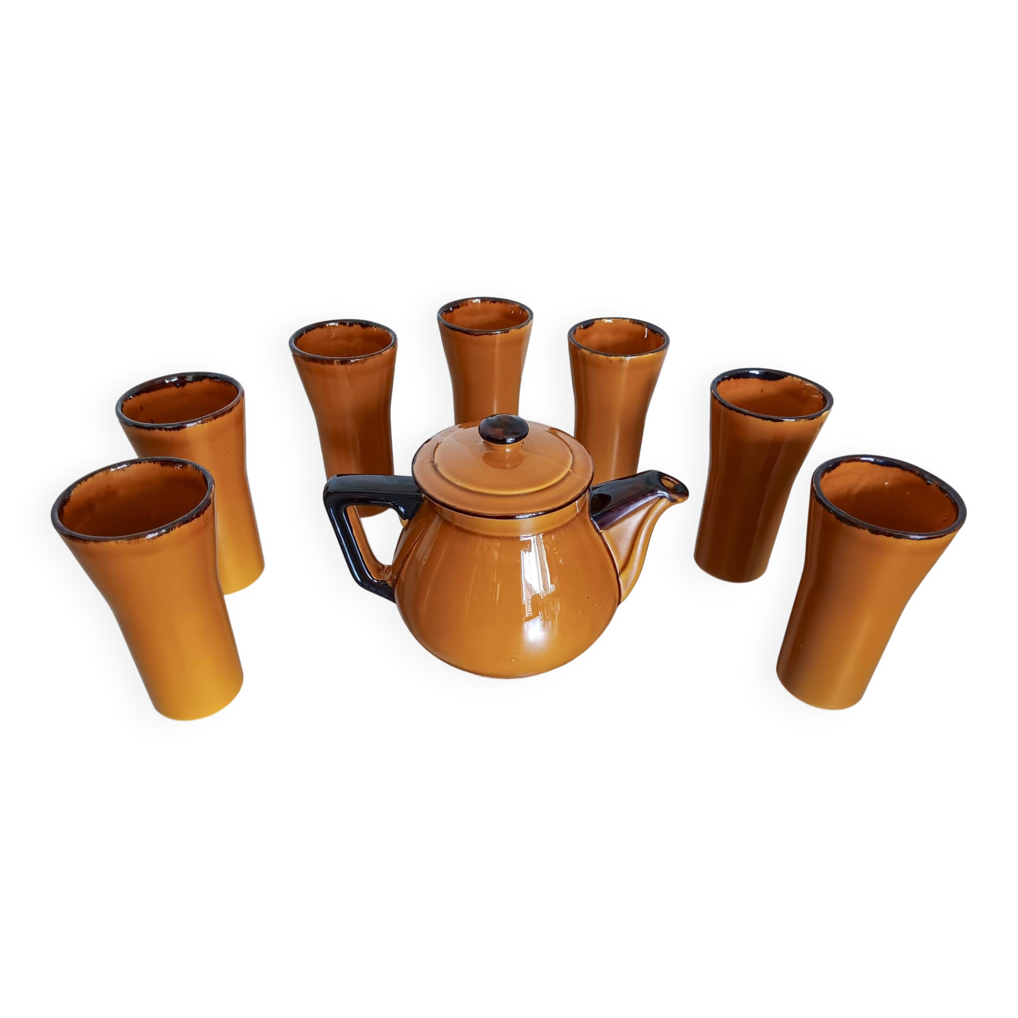 Poët Laval 8T brown ochre teapot with 7 orangeade or mazagrans glasses