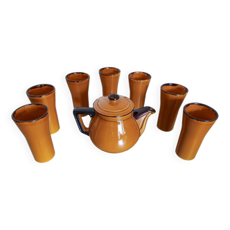 Poët Laval 8T brown ochre teapot with 7 orangeade or mazagrans glasses