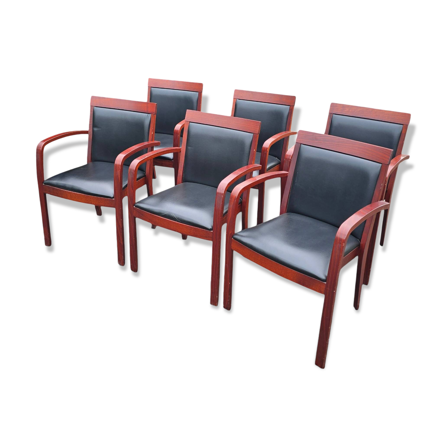 6 contemporary bridge chairs in mahogany wood and black leather