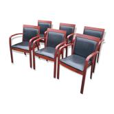 6 contemporary bridge chairs in mahogany wood and black leather