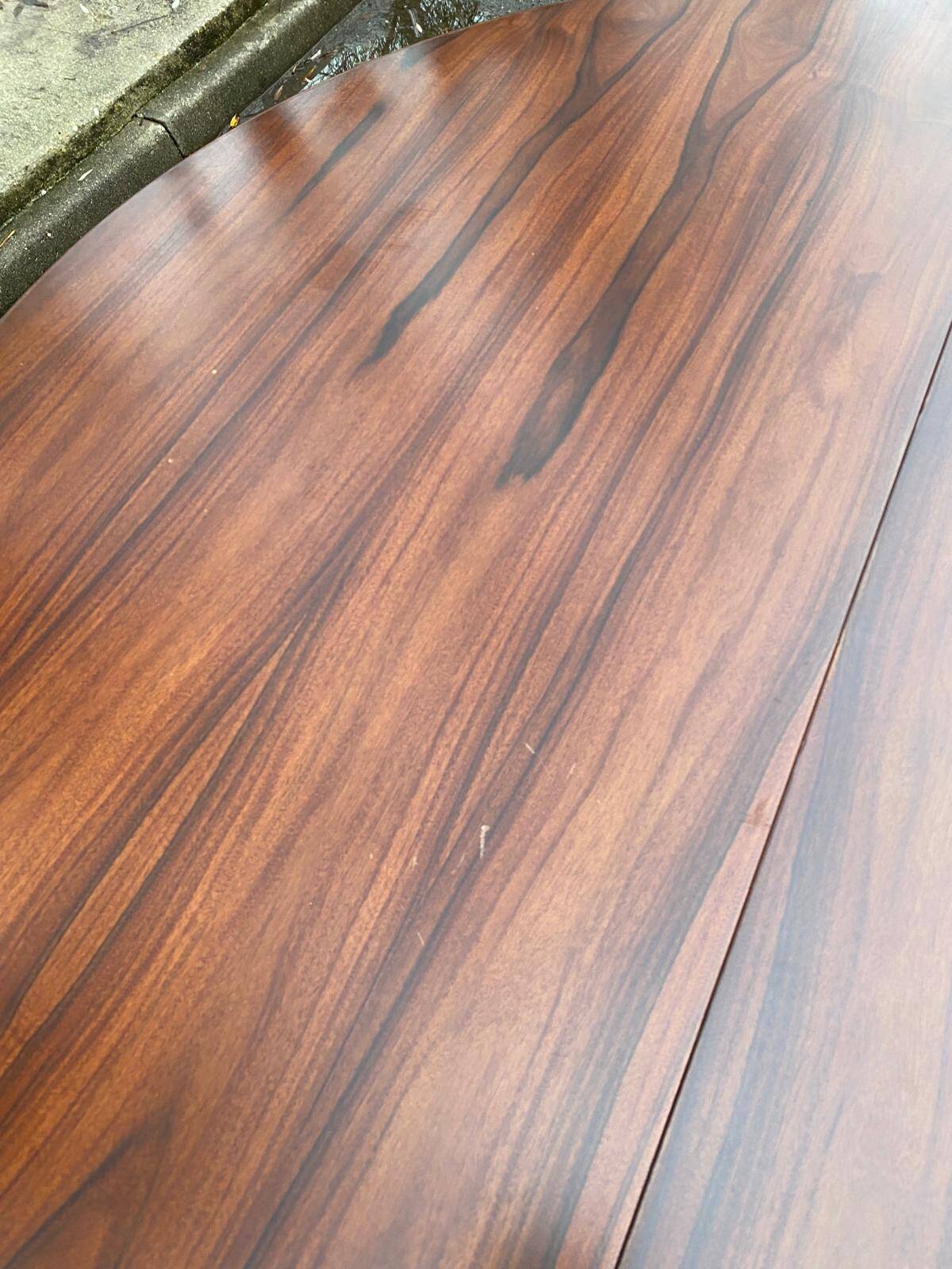 Scandinavian dining table and 4 Hans Olsen style chairs in teak and velvet.