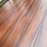 Scandinavian dining table and 4 Hans Olsen style chairs in teak and velvet.