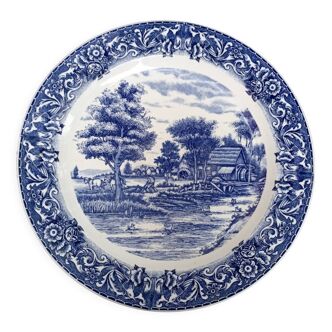Large flat English earthenware diameter 41 stage village ploughman mill blue decoration overseas on cream white background