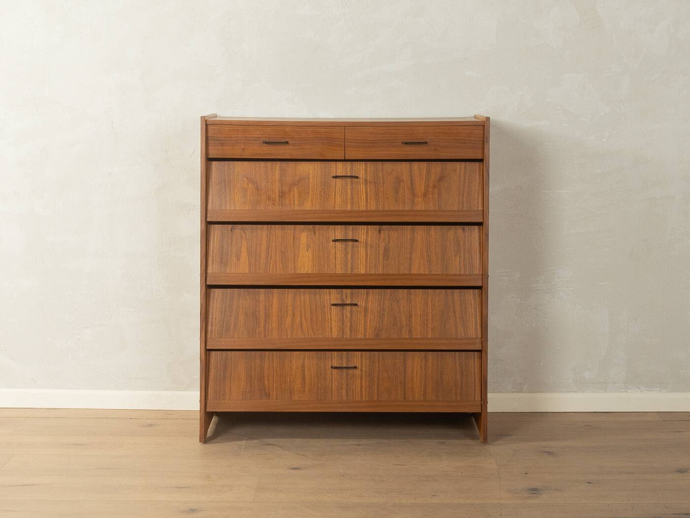 Classic shoe cabinet from the 1960s, walnut veneer, four drop-down doors, two drawers
