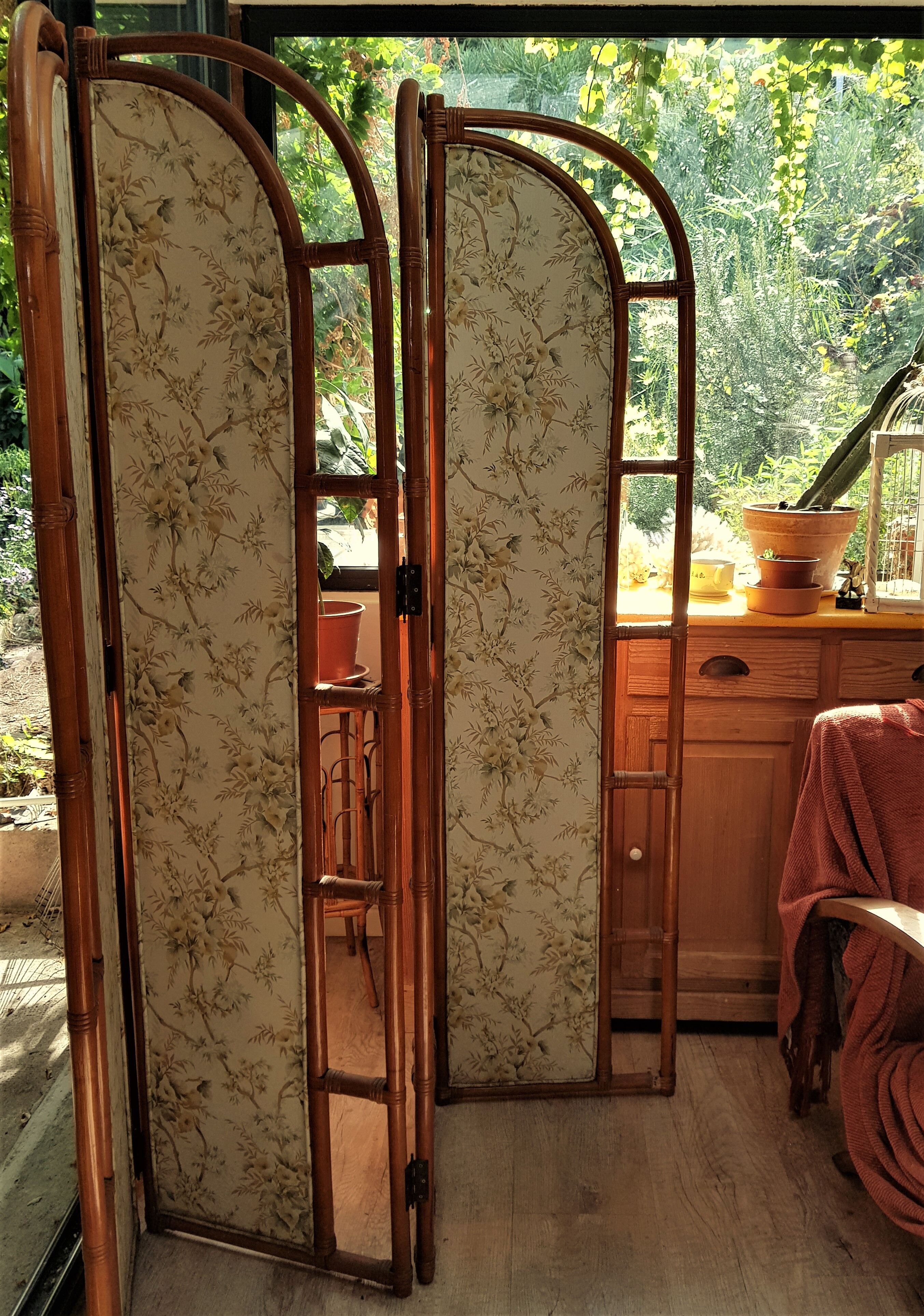 Rattan screen and vintage fabric