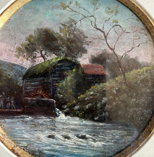 Tableau HSP Miniature ''Paysage animé au moulin à roue'' XIX° siècle