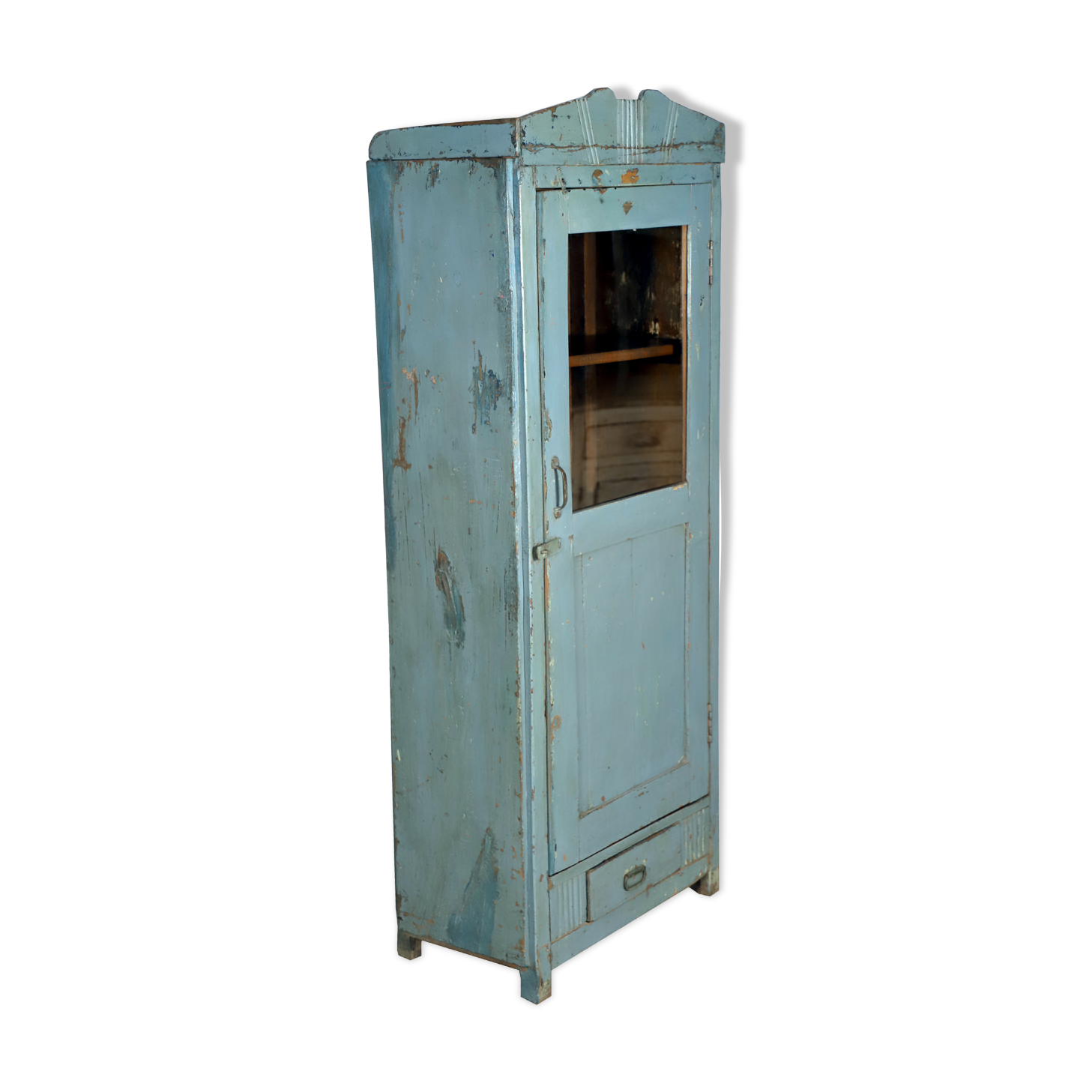 Burmese teak glass cabinet with original blue-gray patina