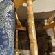 2 wooden footrests with blue cushions