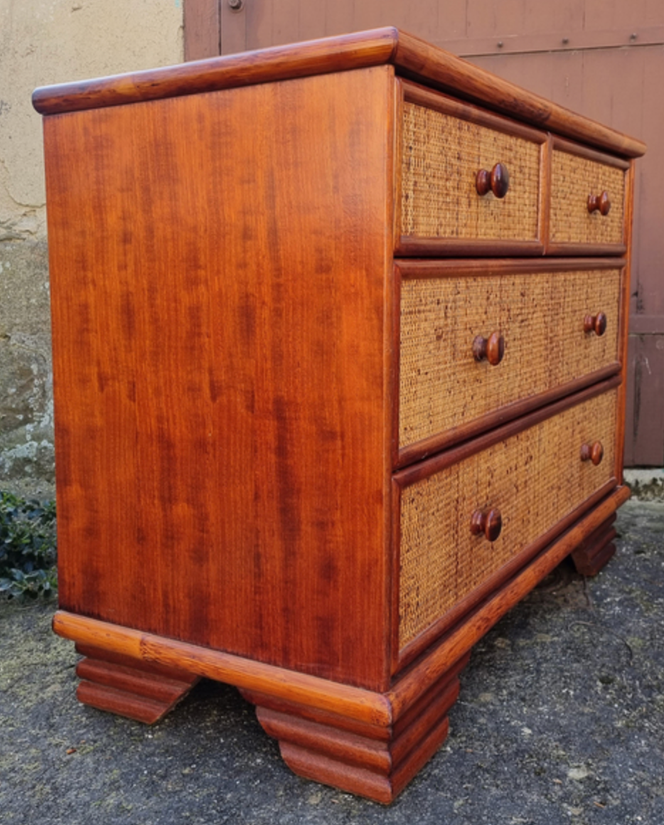 Commode Maugrion for Roche Bobois, wood and rattan, 80s
