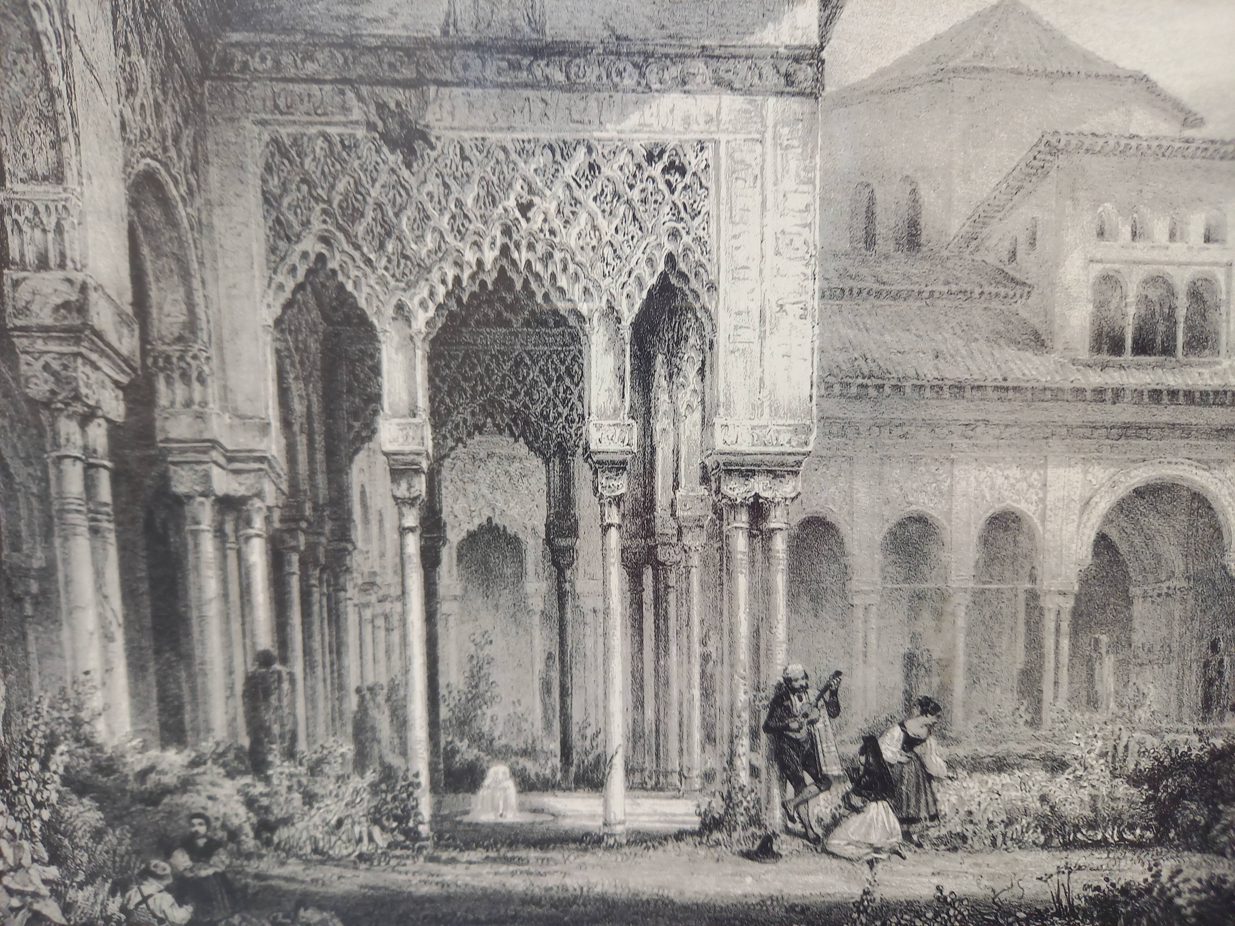 Antique engraving, Court of the Lions, Alhambra, Granada, Spain