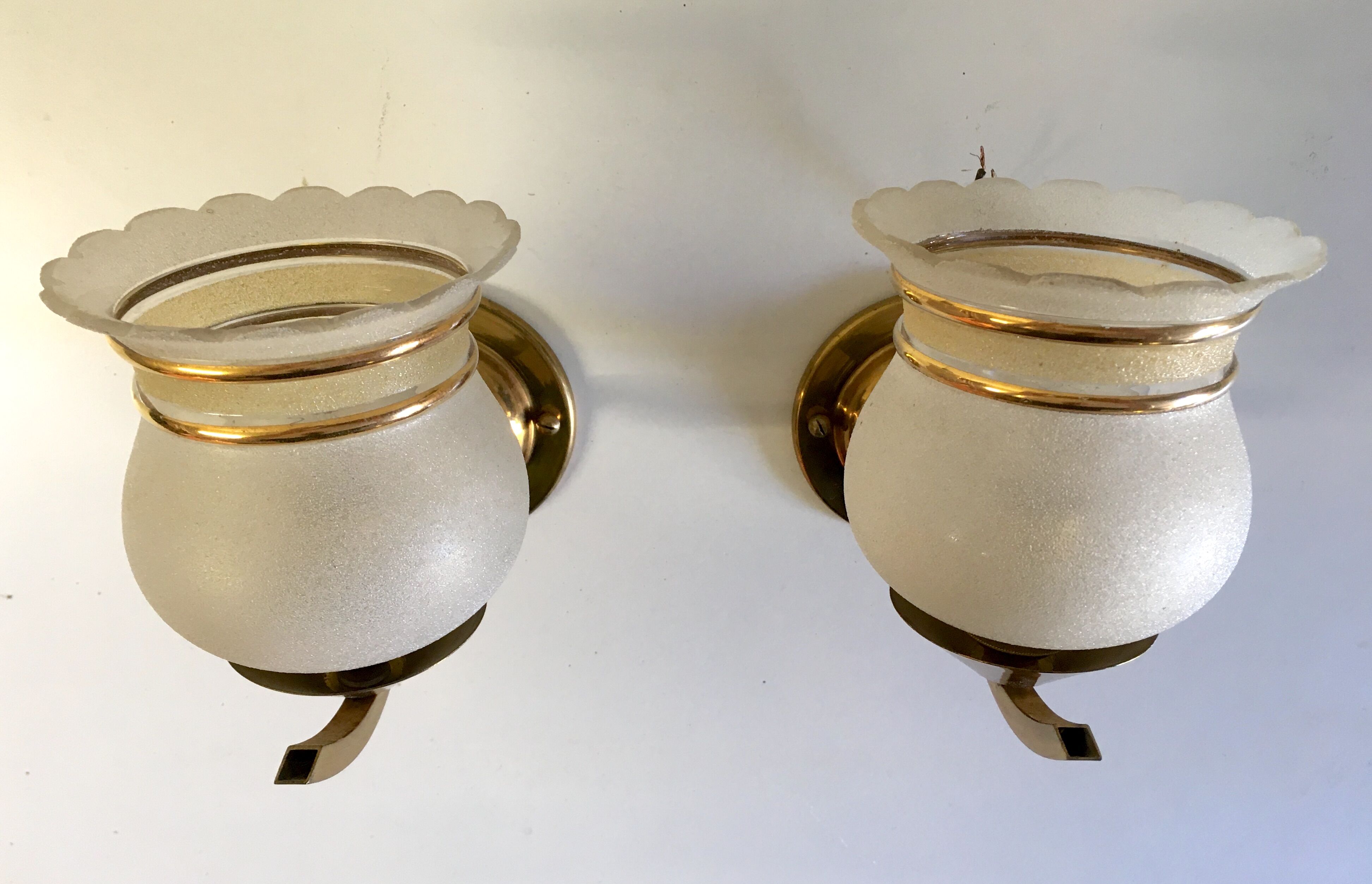 Pair of brass and granite glass sconces - 60s