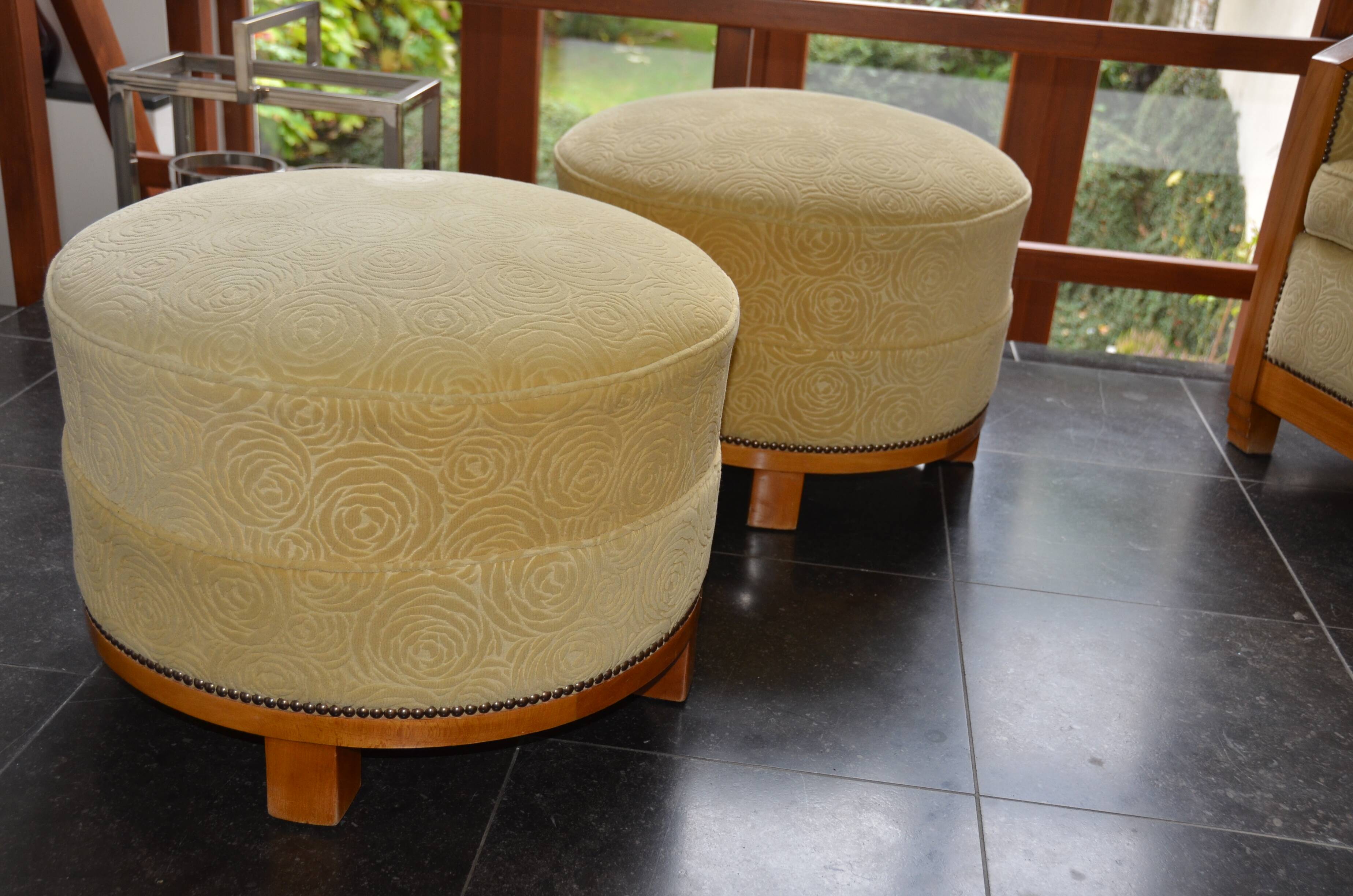 Pair of Art Deco armchairs and poufs