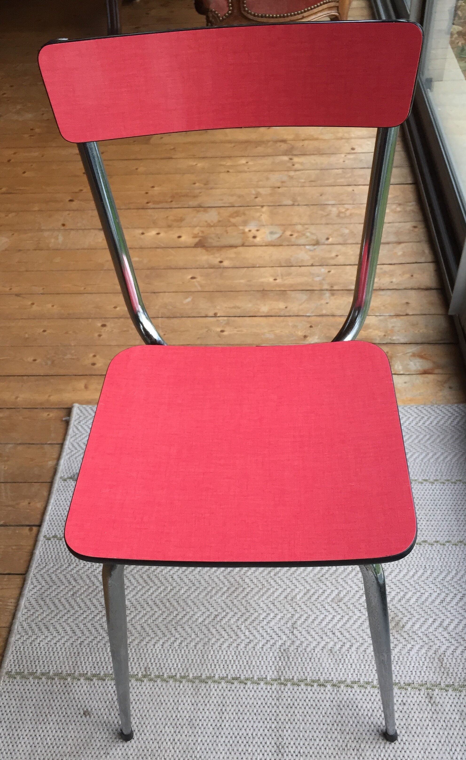 Table set and 2 vintage vintage pale red formica chairs