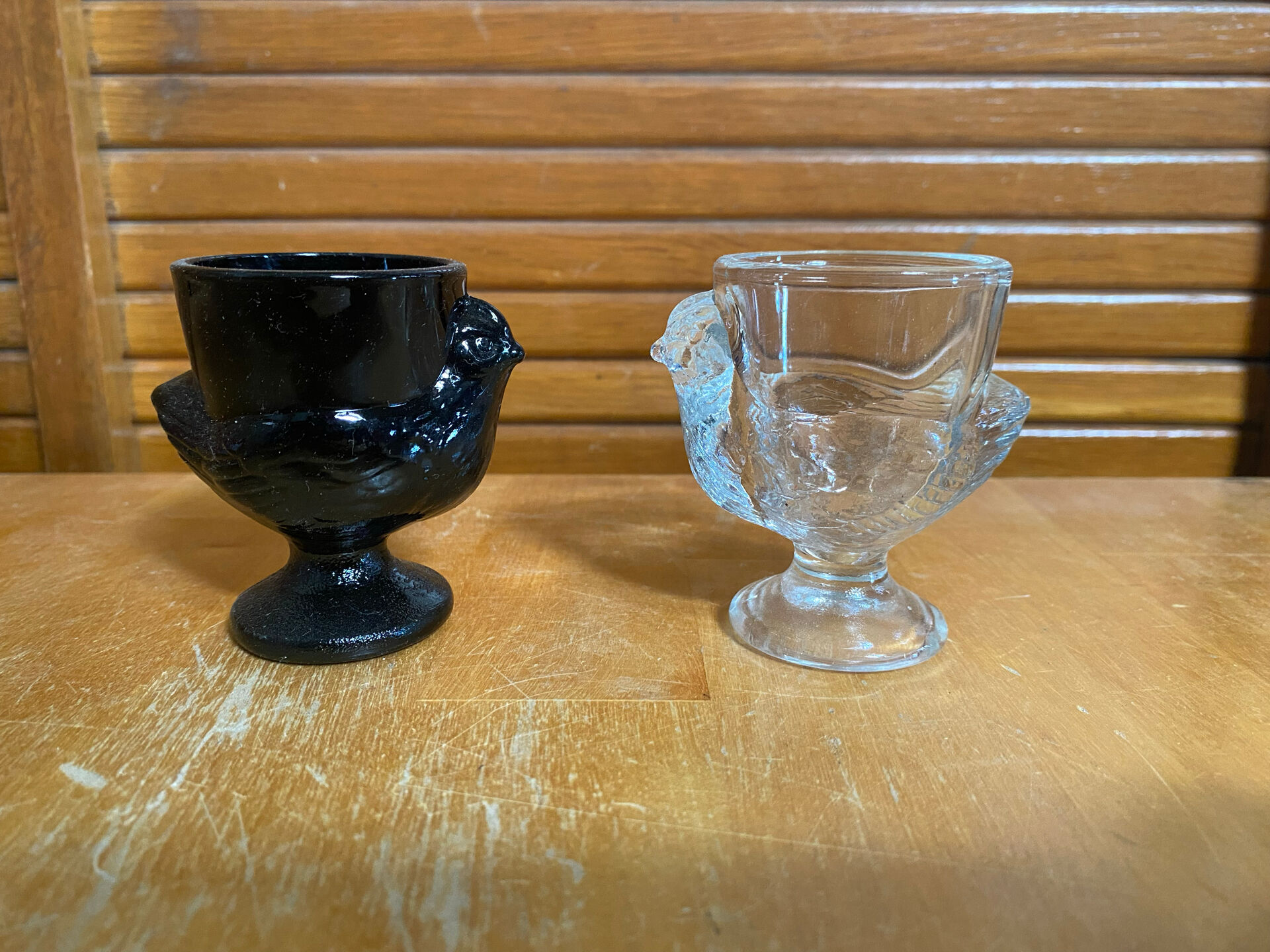 Pair of Antique Egg Cups in Black Opaline and Vintage Moulded Glass