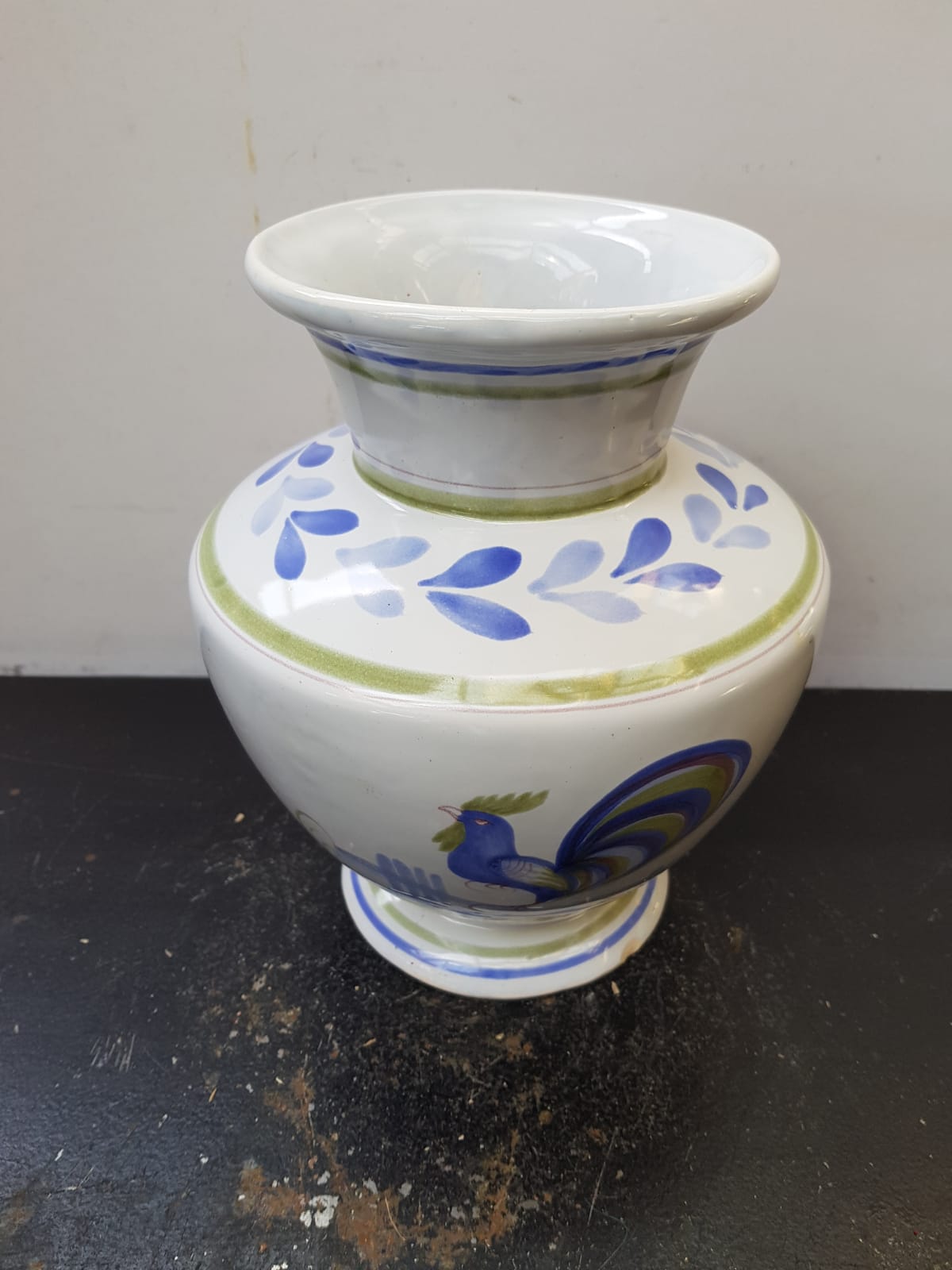 Old vase quimper henriot ceramic white décor blue rooster vintage