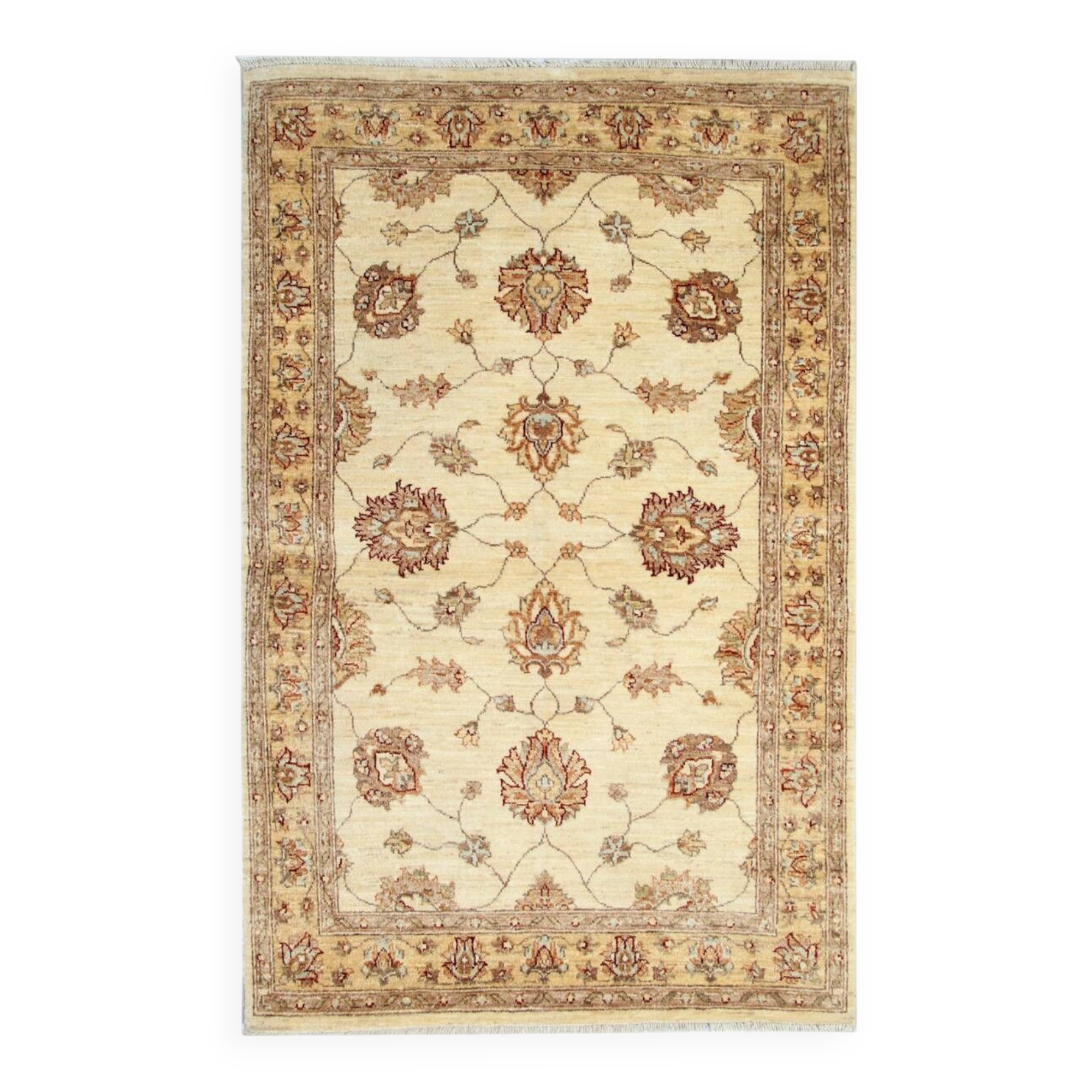 Handmade Cream Wool Rug, Traditional Floral Carpet for Bedroom Living Room