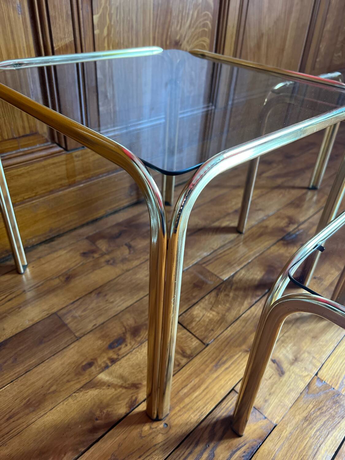 Set of 3 square nesting tables 1970 brown smoked glass