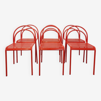 Suite de 6 chaises vintage en métal rouge des années 80