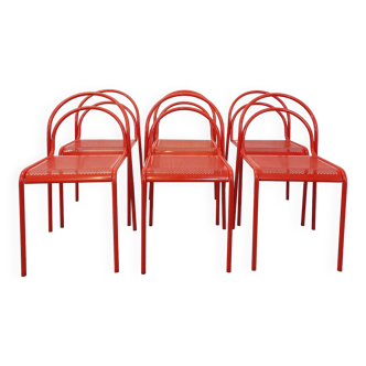 Suite de 6 chaises vintage en métal rouge des années 80
