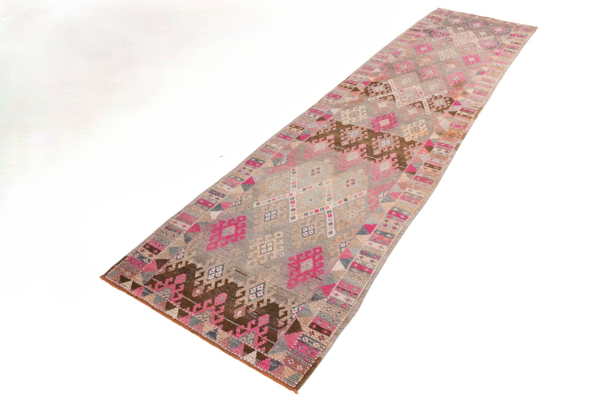 3x12 Pink & Brown Suğer Soft Modern Vintage Runner Rug, 92x376Cm
