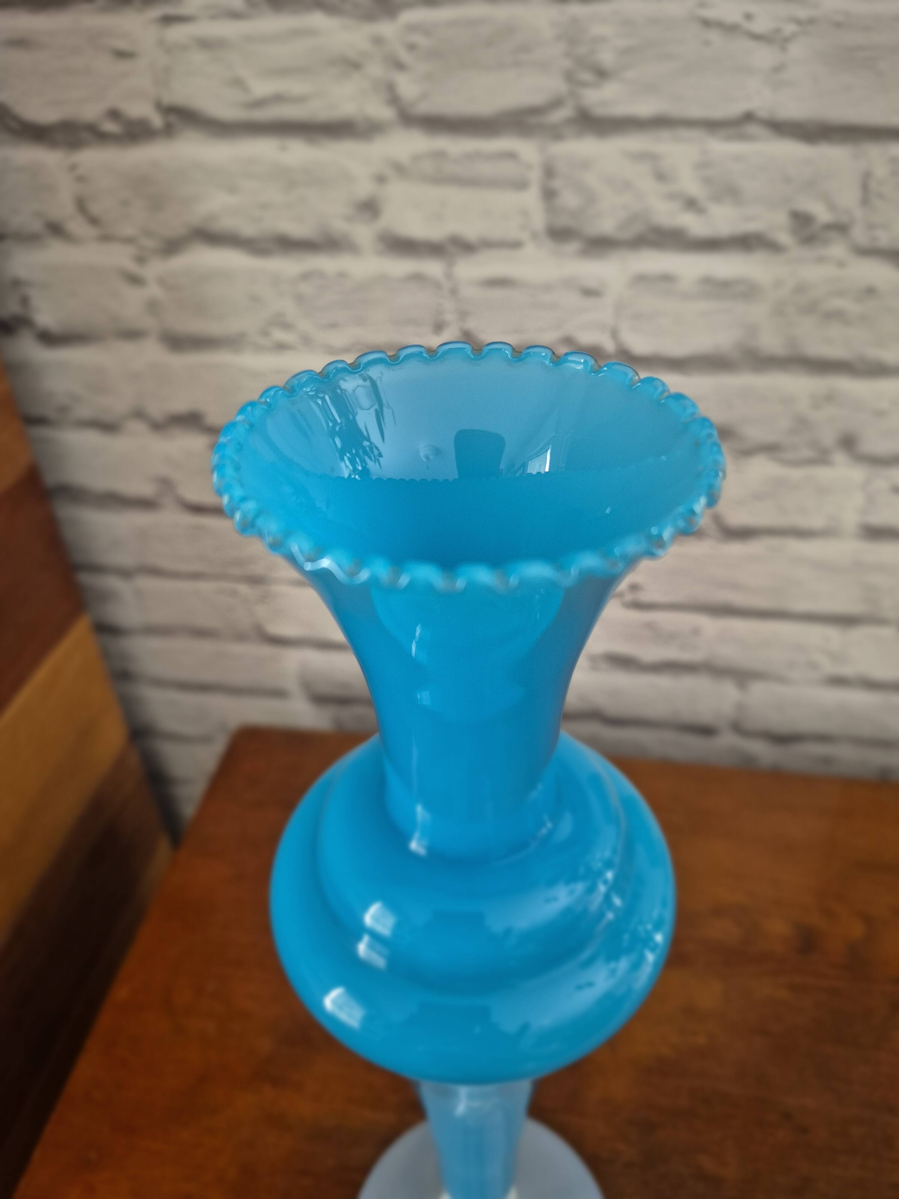 Large vintage blue and white opaline vase