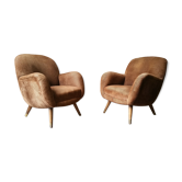 Paire Fauteuil club oeuf EGG des années 50/60 en velours marron
