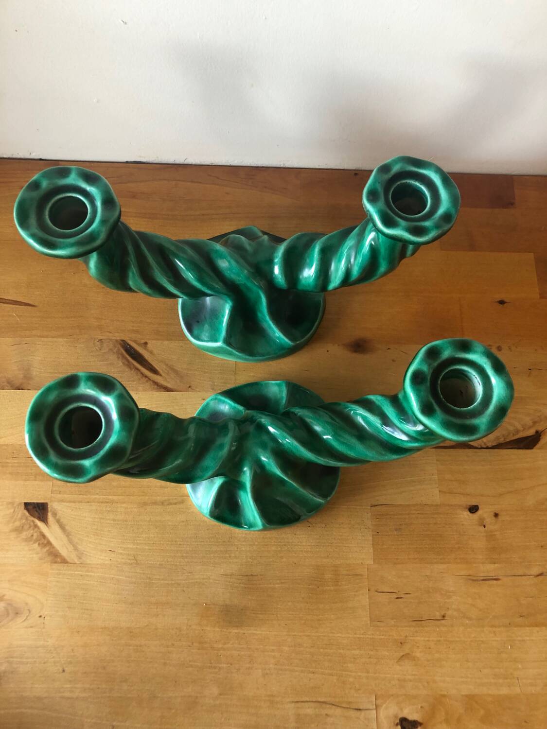 2 green ceramic candlesticks Vallauris
