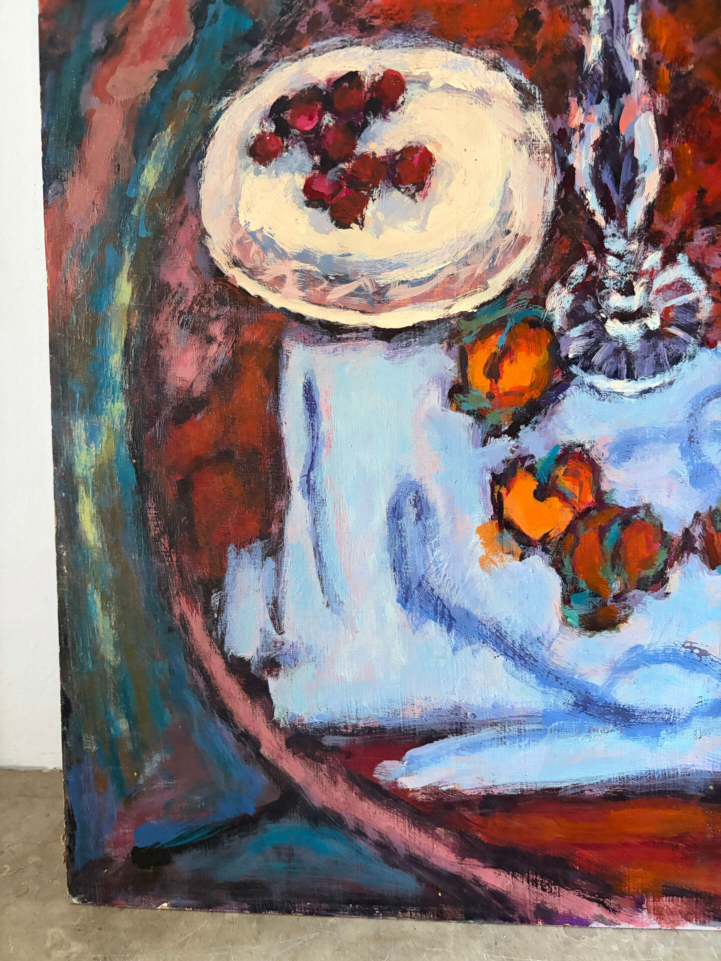 Cherries and peaches, oil on panel signed H Chapeau