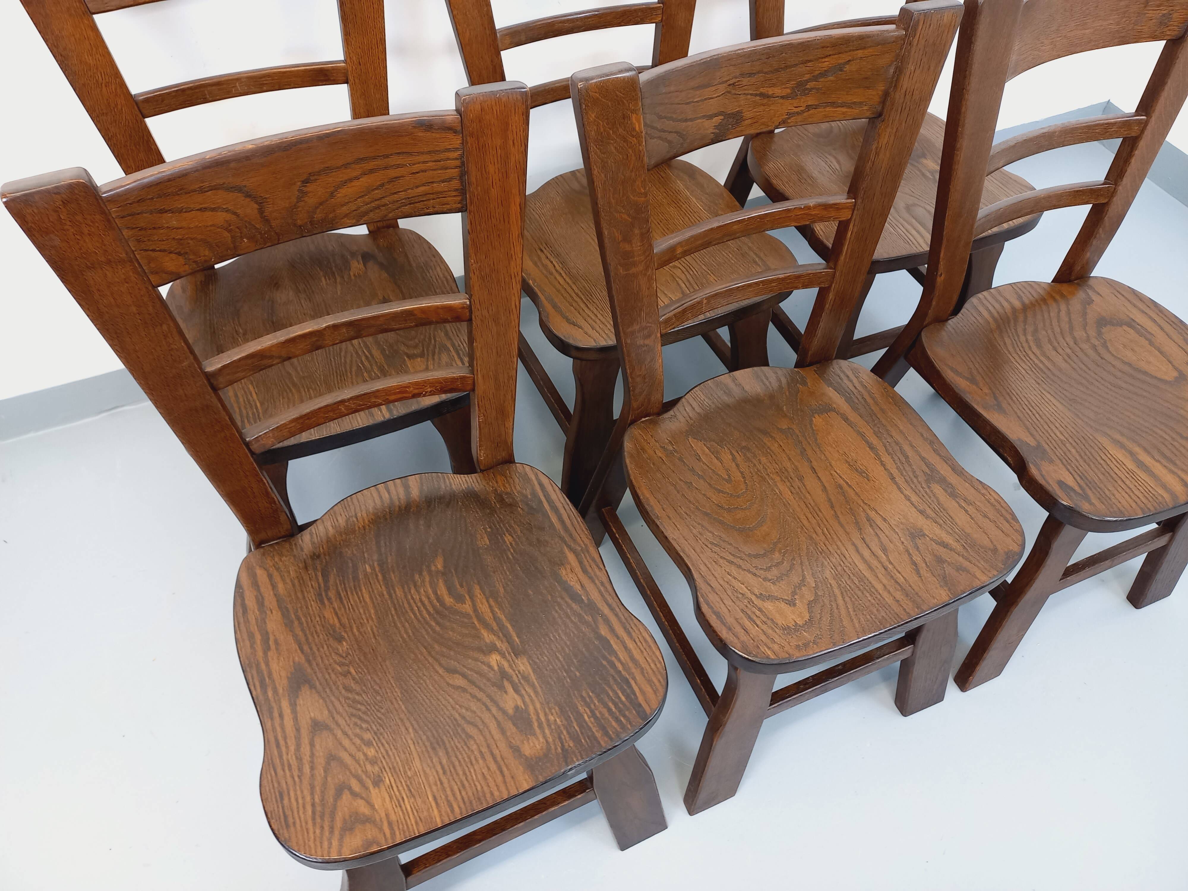 Set of 6 vintage brutalist oak chairs from the 1950s.