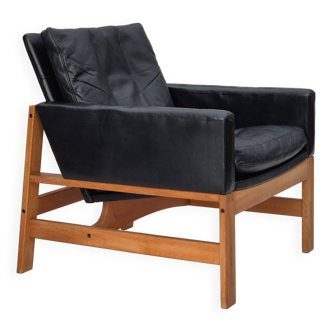 Chaise longue danoise des années 1960, état d'origine, meuble en cuir, bois de chêne massif.
