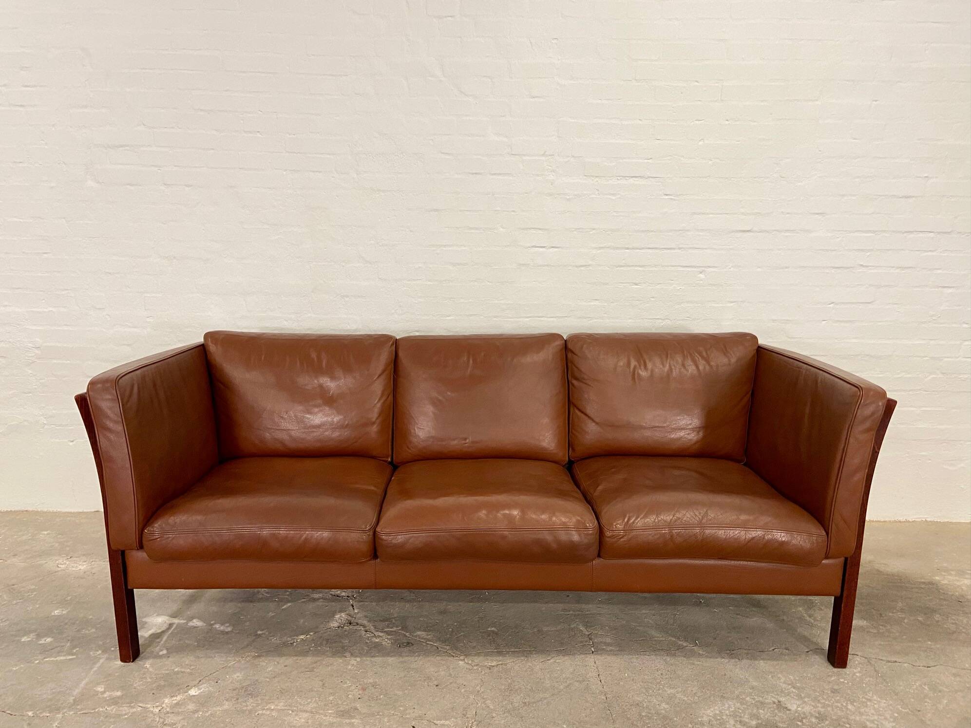 Vintage danish stouby dark cognac leather and rose stained beechwood frame 3 seater sofa