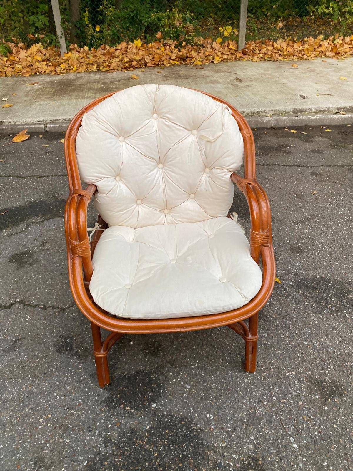 Adult rattan and wicker armchair, 1975, with beige cushion