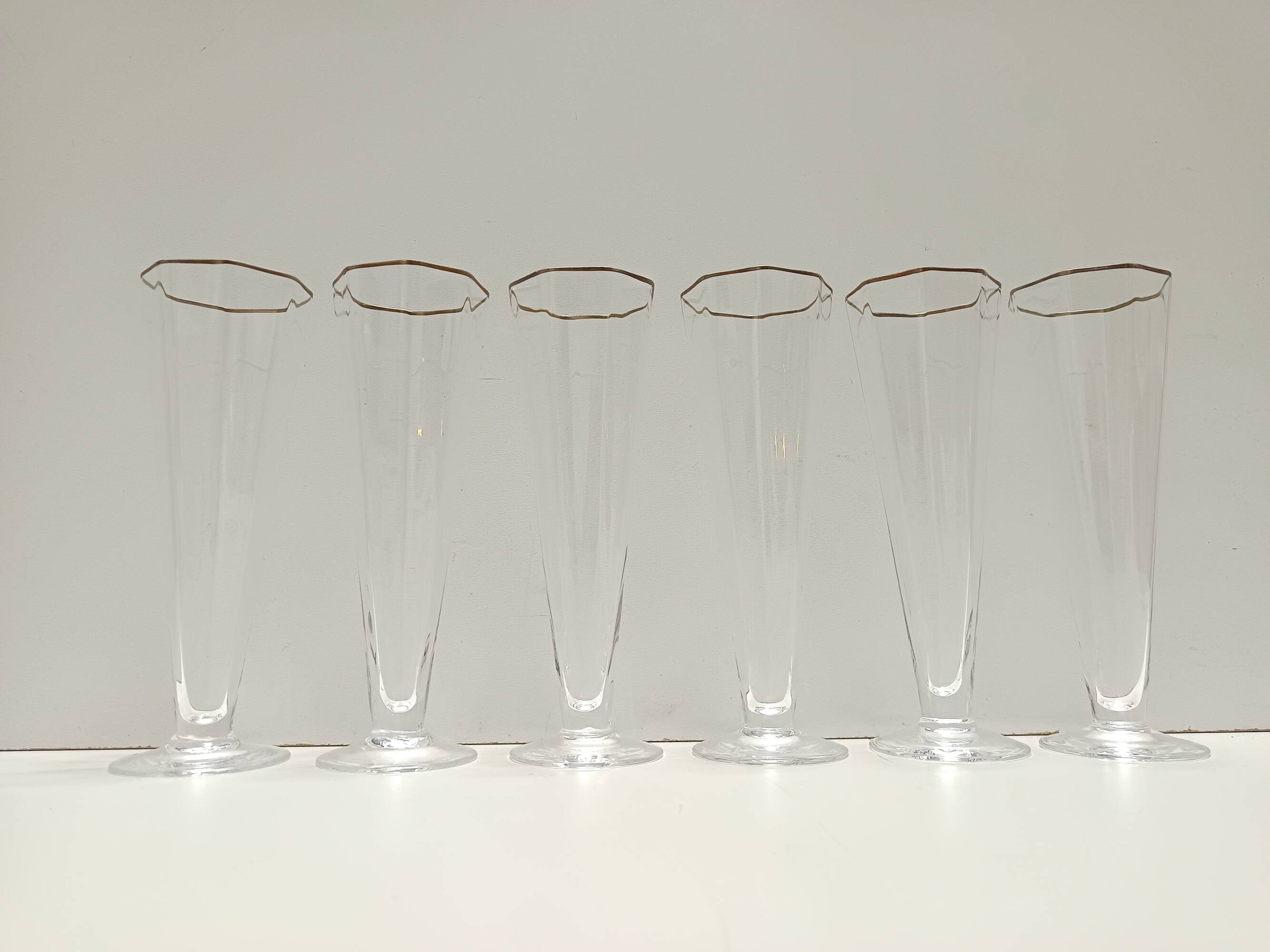Set of Six Octagonal Hand Blown Murano Glass Flutes by Carlo Moretti, Italy