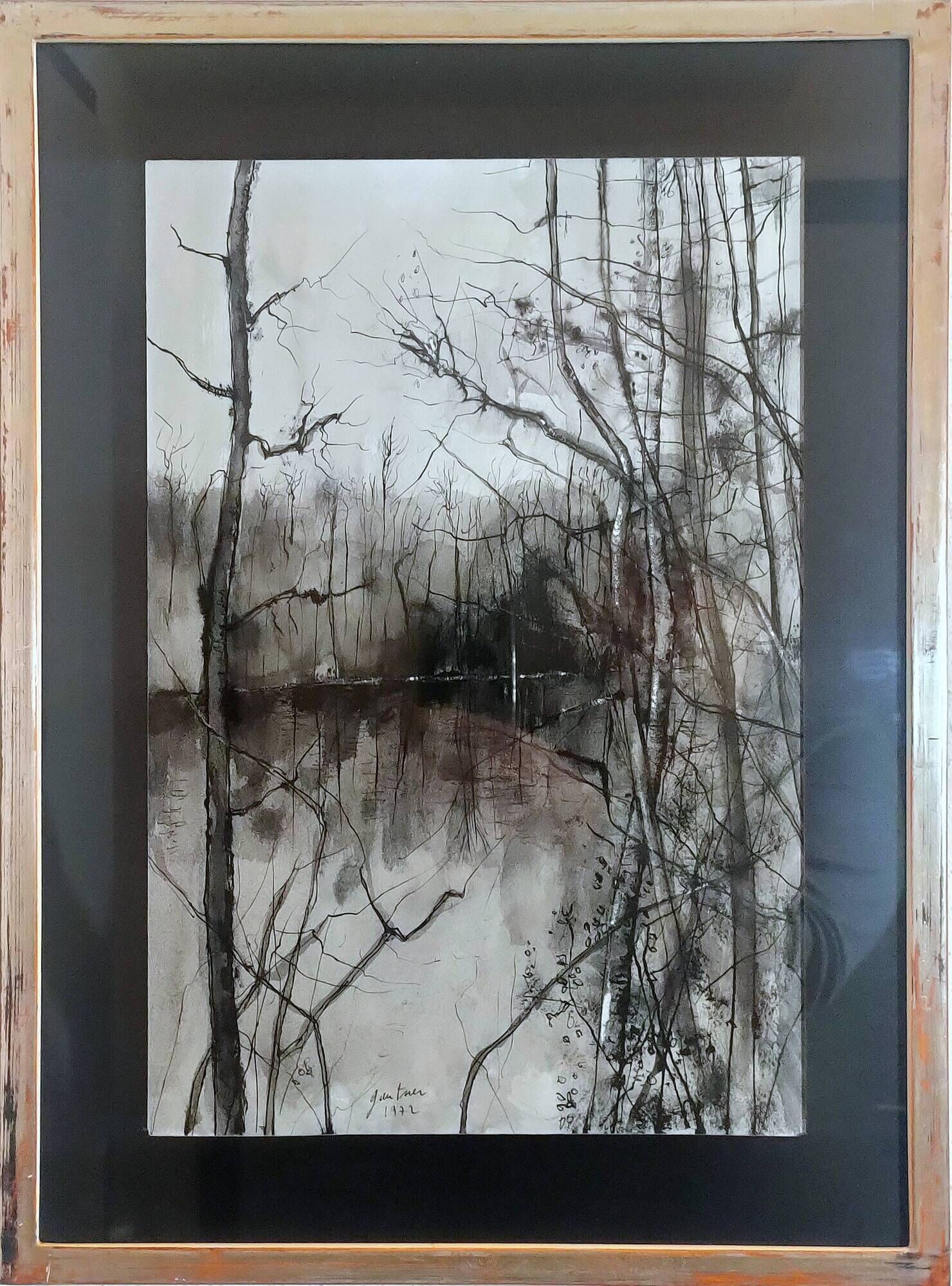 Painting signed gantner (bernard, 1928-2018) – watercolored chinese ink, lake landscape