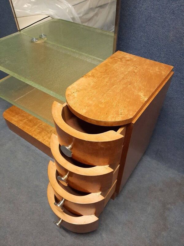 Coiffeuse Art Déco en bois clair et dalles de verre