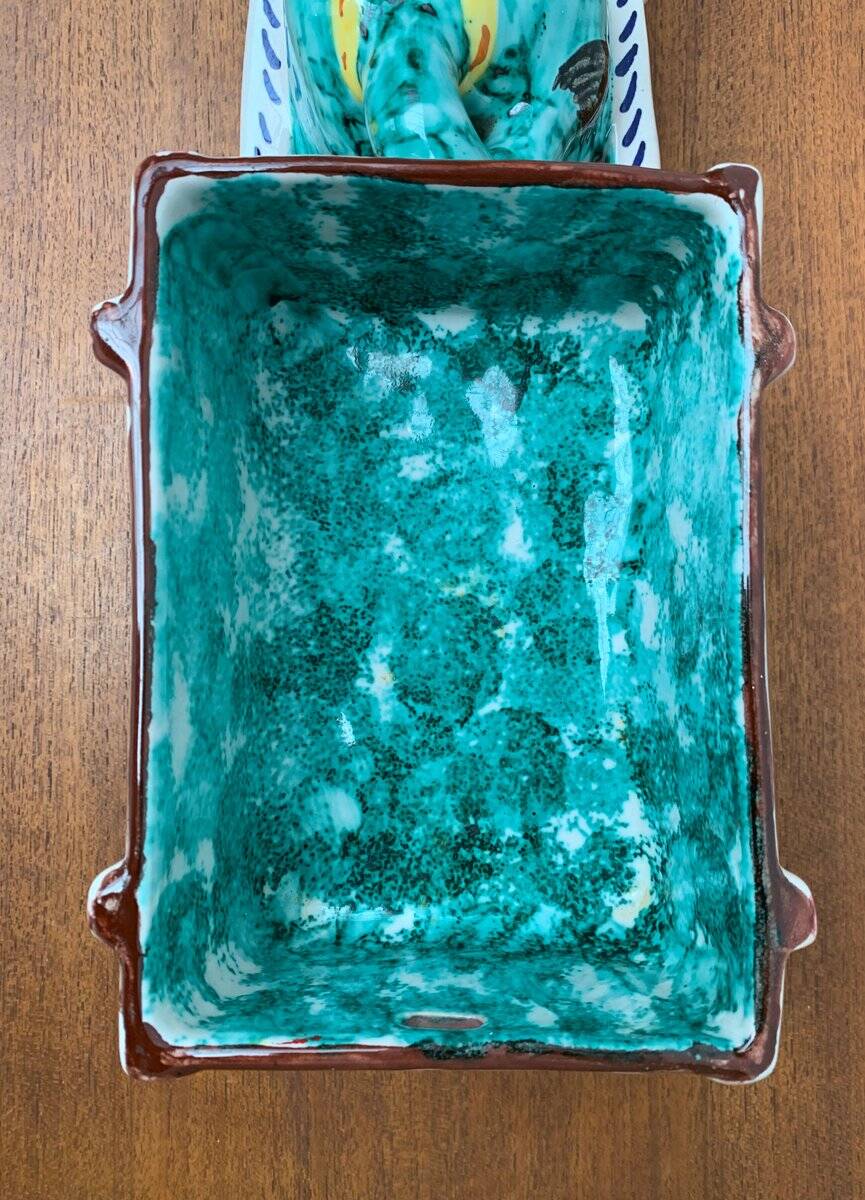 Vintage Italian hand-painted sculpture of a donkey with a cart in the shape of a bowl from Deruta, Italy.