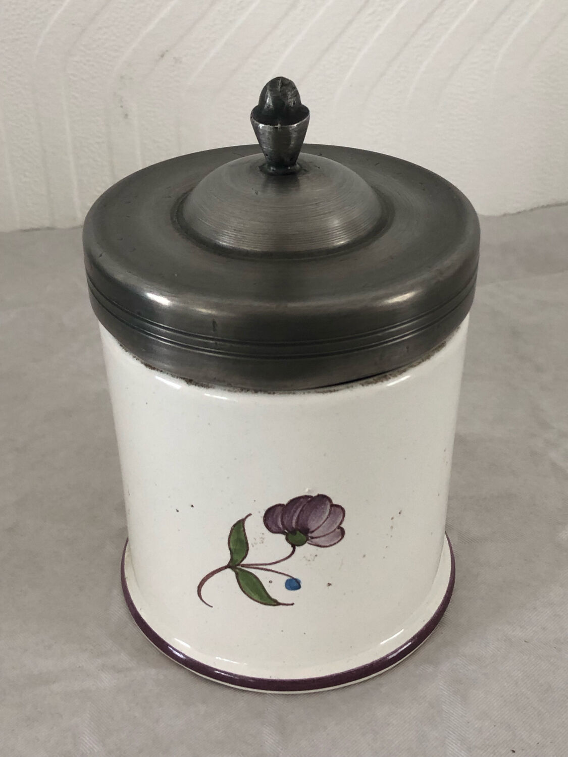 Ceramic salt jar pewter lid stamped J G