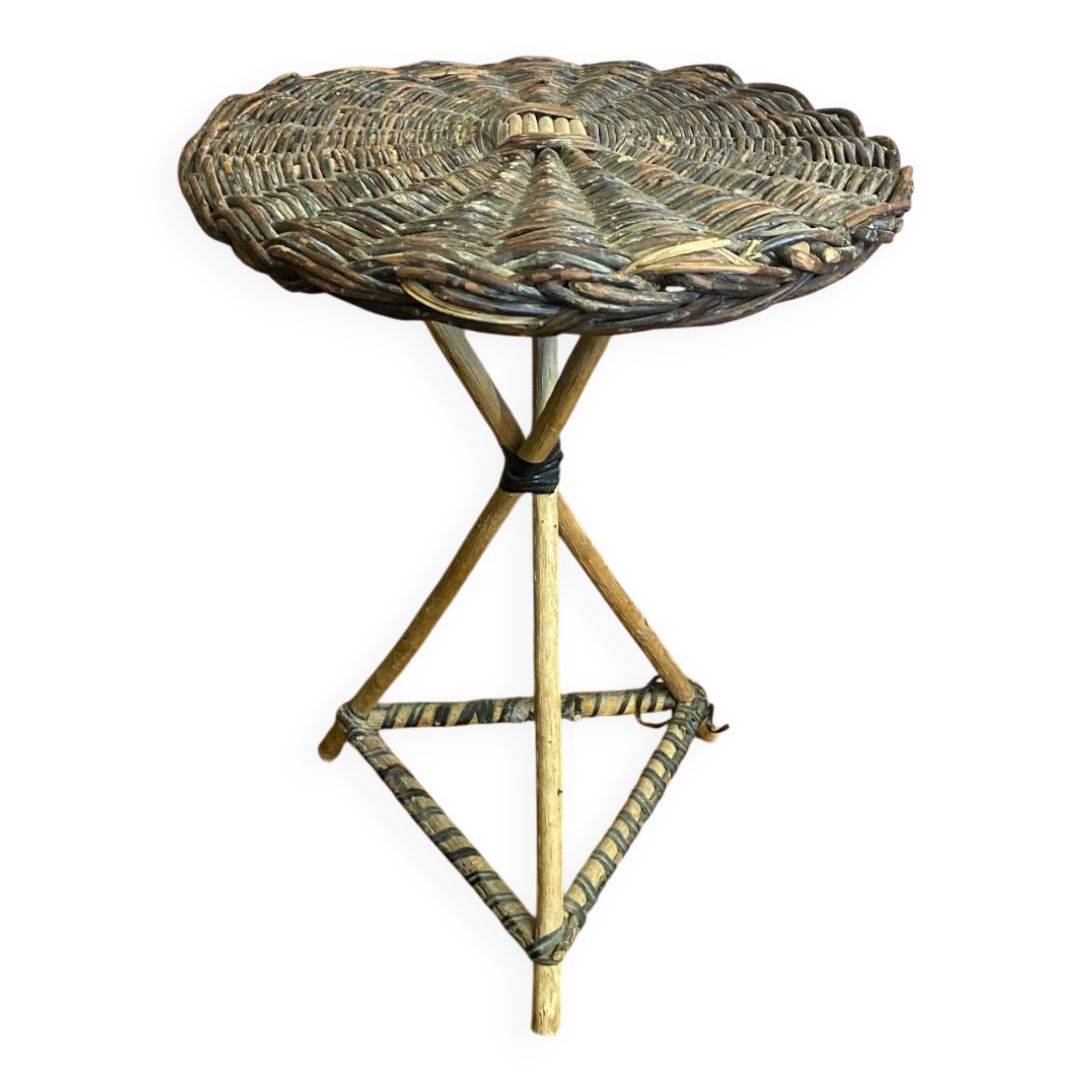 Vintage wooden tripod side table + woven wicker top