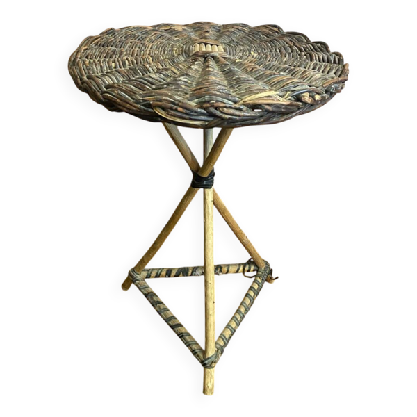 Sellette tripode bois + plateau osier tressé vintage