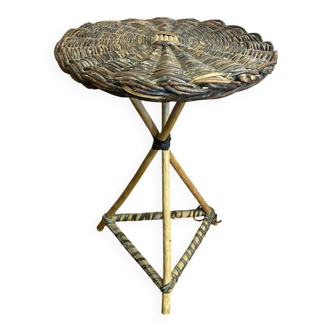 Vintage wooden tripod side table + woven wicker top