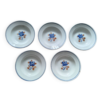 5 old Badonviller plates decorated with blue pink flowers